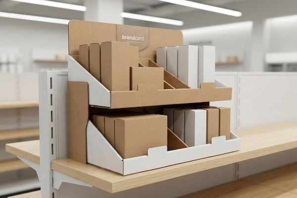 A two-tiered corrugated cardboard shelf display, holding brown and white product boxes, featuring a 'Brandcard' sign.
