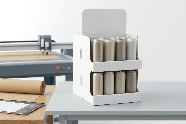 White cardboard two-tier display stand with metallic beverage cans, beside a digital cutting table and design tablet for agile prototyping.