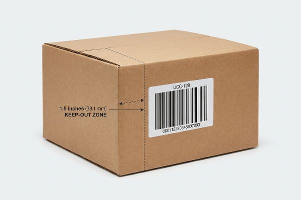 Brown corrugated master carton illustrating a UCC-128 barcode label with a 1.5 inches (38.1 mm) Keep-Out Zone from the fold line.