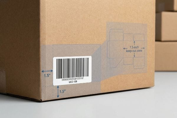 Brown corrugated cardboard box with a UCC-128 barcode label showing a 1.5-inch keep-out zone diagram for proper placement.
