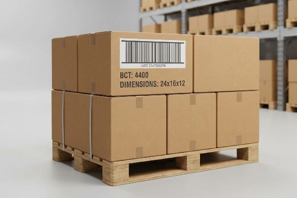 Palletized corrugated boxes with a UCC barcode, BCT 4400, and Dimensions 24x16x12, in a warehouse.