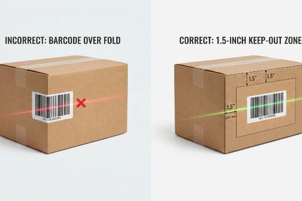 Brown shipping boxes compare Incorrect Barcode Over Fold with red laser, and Correct UCC-128 barcode in a 1.5-Inch Keep-Out Zone.