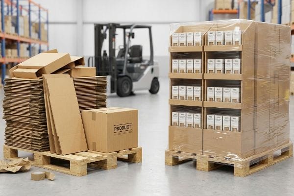 Stacks of flat brown cardboard boxes and an assembled