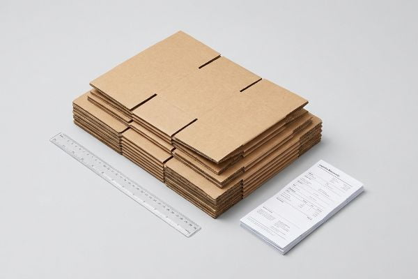 Flat corrugated cardboard packaging components stacked with a clear ruler and logistics document, ready for custom assembly.
