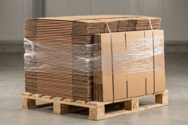 A compact stack of unassembled corrugated cardboard boxes, shrink-wrapped on a wooden pallet, ready for shipping.