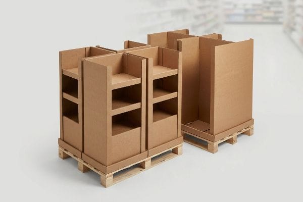 Brown corrugated cardboard pop-up displays on wooden quarter pallets, unassembled for retail deployment.