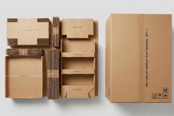Corrugated cardboard components, including codes HC015121-08 and HC01406-18, are laid out flat next to a master carton for a Half-Pallet Display (Flat Packed).