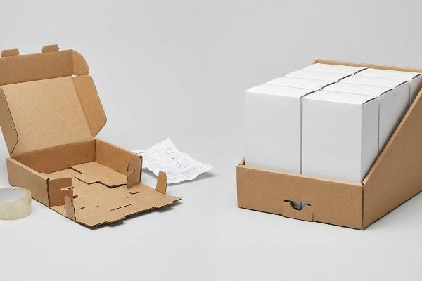 Brown corrugated cardboard flat-pack next to an assembled PDQ display tray holding white product boxes, with tape and instructions.