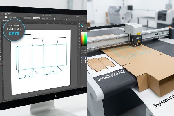 Computer screen shows a CMYK box dieline, while a Kongsberg cutting table processes an Uncalibrated File on cardboard.