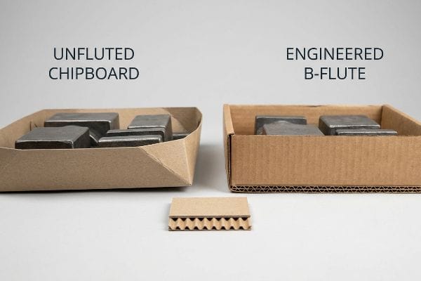 Unfluted Chipboard tray deforming under metal weights contrasted with a stable Engineered B-Flute corrugated box, showcasing fluting.