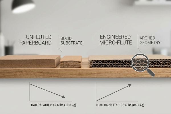 A side-by-side comparison of Unfluted Paperboard, Solid Substrate, and Engineered Micro-Flute corrugated board, highlighting the superior 185.4 lbs load capacity of Arched Geometry.
