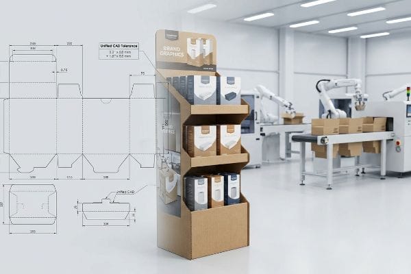 POP Display CAD Factory Corrugated POP display with Brand Graphics, featuring Unified CAD Tolerance drawing (2.2 x 0.6 mm) in a robotic factory.
