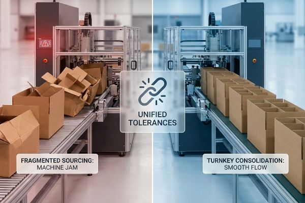 Fragmented Sourcing causes Machine Jam; Turnkey Consolidation ensures Smooth Flow of boxes. Unified Tolerances.
