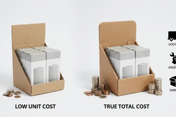 Corrugated cardboard point-of-purchase displays comparing 'Low Unit Cost' with few coins to 'True Total Cost' with many coins, highlighting hidden expenses.