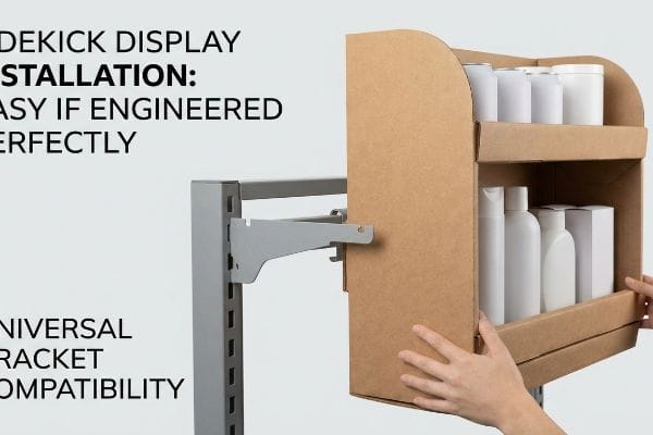Installing a cardboard Sidekick Display onto a retail shelving unit with a metal universal bracket, showcasing Universal Bracket Compatibility for easy setup.