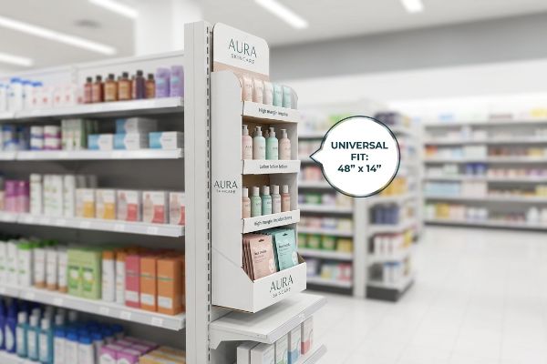 White Aura Skincare sidekick display, 48x14-inch Universal Fit, showcasing lotion bottles and face masks in a retail aisle.