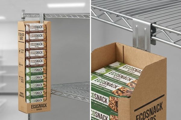 Brown corrugated cardboard sidekick display holding Ecosnack Bars, attached to a wire shelf with a universal metal bracket.