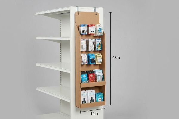 Brown corrugated cardboard sidekick power wing display, 48in x 14in, on a white retail gondola, holding small packaged goods.