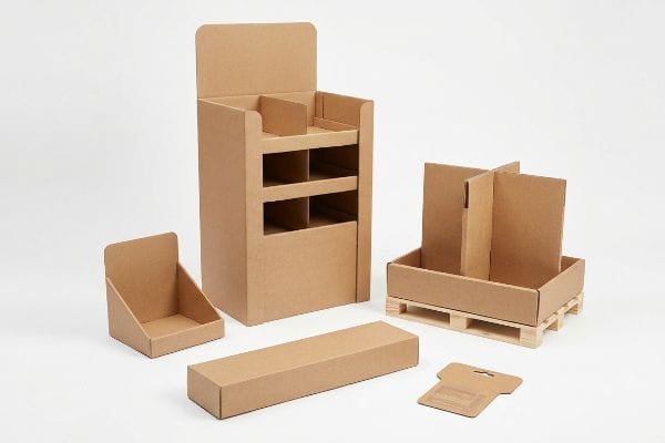 Plain brown corrugated cardboard retail displays, featuring a POP floor unit, POS counter tray, pallet structure, and hanging tab.