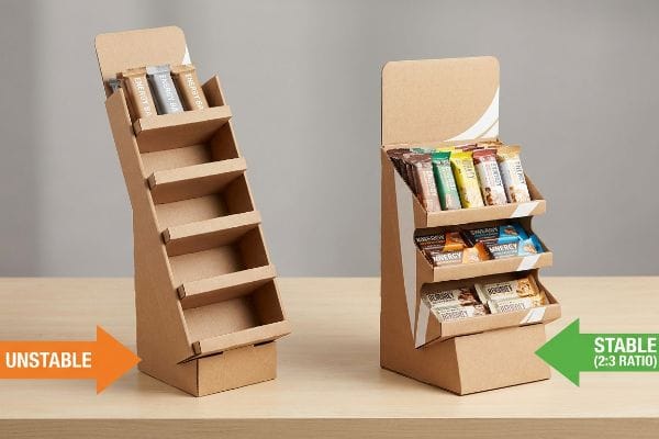 Display Stability 2:3 Ratio Brown corrugated cardboard tiered counter merchandisers, one unstable and one stable (2:3 Ratio) with Energy Bars, illustrating display stability.