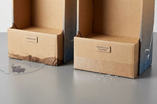 Brown cardboard boxes compare water resistance. The Untreated box is water-damaged, while the Protective Coating box repels moisture.