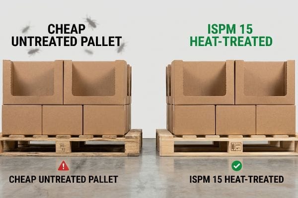 Deux palettes en bois, l'une bon marché non traitée avec des traces de parasites, contrastant avec une palette traitée thermiquement ISPM 15 pour un transport conforme.