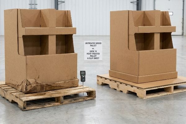Moisture-damaged cardboard display on an untreated wood pallet contrasts with an intact display on an ISPM 15 heat-treated pallet, highlighting Untreated Wood Pallet Vs. ISPM 15 Heat-Treated Pallet & Slip Sheet.