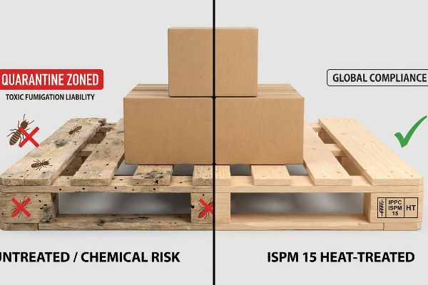 Untreated, pest-infested wooden pallet labeled 'Quarantine Zoned' versus a clean, ISPM 15 heat-treated pallet for 'Global Compliance'.