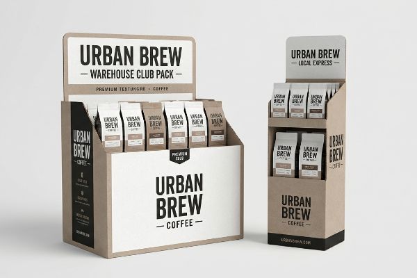Kraft paper Urban Brew coffee displays: a large Warehouse Club Pack floor unit and a compact Local Express countertop display.