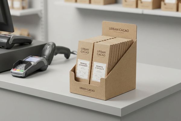 Brown kraft cardboard POS display unit holds Urban Cacao Premium Chocolate bars on a checkout counter, next to a credit card terminal and scanner.