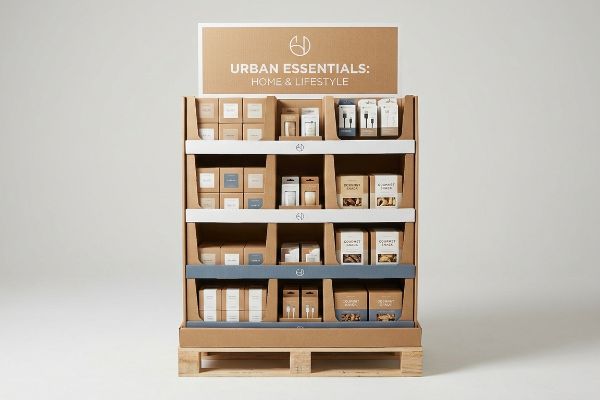 Kraft cardboard half pallet display, 'Urban Essentials: Home & Lifestyle' header, modular trays, Gourmet Snacks.