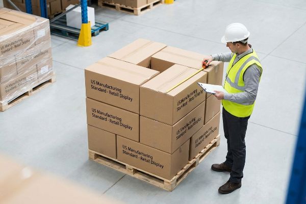 A quality control inspector measures a pallet of 'US Manufacturing Standard - Retail Display' cardboard boxes in a warehouse, ensuring compliance.
