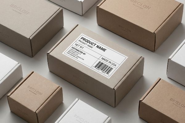 Overhead view of Brclon Packaging boxes, a light brown box with a white product label: 'Product Name', 'Net Wt.', 'Made In USA', and barcode.