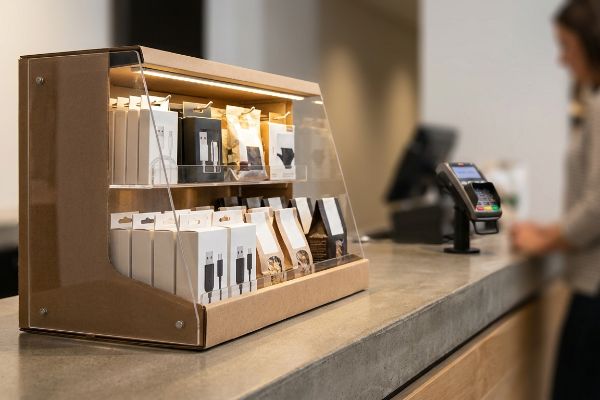 An illuminated point-of-sale display on a concrete checkout counter, filled with packaged USB cables and coffee bags in a clear acrylic and cardboard unit.