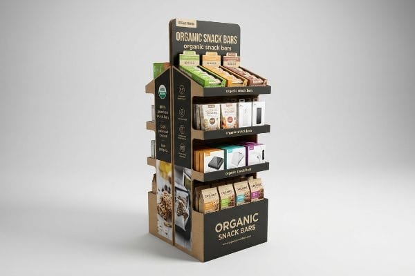 Organic Snack Bars Display A tall, multi-tiered corrugated cardboard display stand showcases Organic Snack Bars and packaged products, featuring a "USDA Organic" logo.