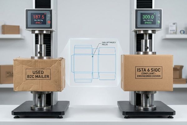 Used B2C Mailer box fails ISTA 6 compression at 187.5 lbs; ISTA 6 SIOC Compliant box passes at 300 lbs, with CAD-Optimized Folds.