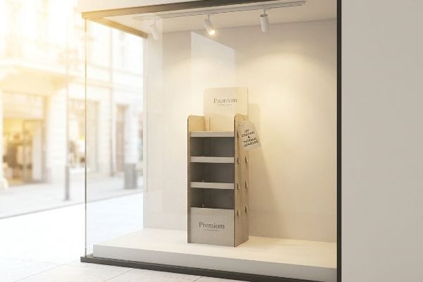 Light brown corrugated cardboard display with 'Premium' branding and a tag highlighting 'UV Coating & Thermal Adhesive' for window placement.