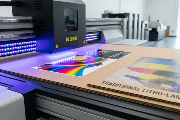 Carton ondulé sous lampes de polymérisation UV d'une imprimante numérique à plat, présentant des graphismes abstraits éclatants et une comparaison « Litho-Lam traditionnel ».