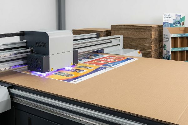 Corrugated cardboard sheets are being printed with vibrant Retail Display graphics by a UV flatbed digital printer, showing instant ink curing.