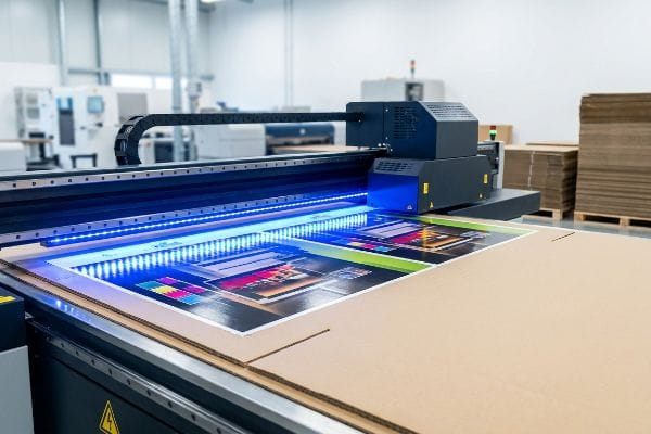 Papelão ondulado sendo impresso com gráficos vibrantes por uma impressora digital UV de mesa plana com impressão direta na placa, mostrando intensos conjuntos de LEDs azuis polimerizando tinta líquida.