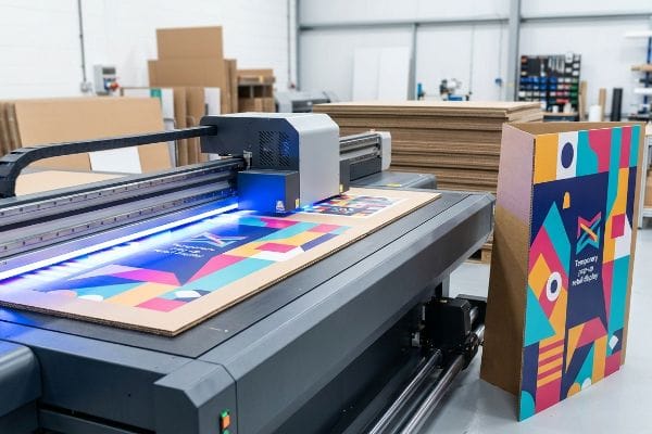 Du carton ondulé est imprimé d'un motif géométrique éclatant