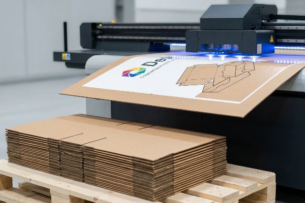 Corrugated cardboard sheet printed by a UV flatbed digital printer, featuring the Dewa Graphische Systeme logo and box design.