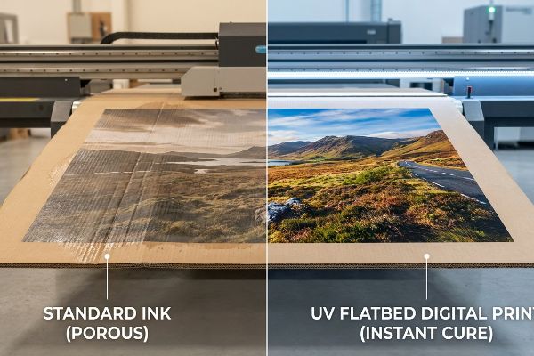 Bei Wellpappe zeigt sich ein zweigeteilter Vergleich der Druckverfahren: Standardtinte (porös) führt zu verblassten Grafiken, während der UV-Flachbett-Digitaldruck (Soforthärtung) für gestochen scharfe Fotos sorgt.