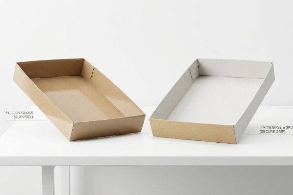 Cardboard trays showcase finishes: Full UV Gloss (Slippery) on left, Matte Base & Spot (Secure Grip) on right.
