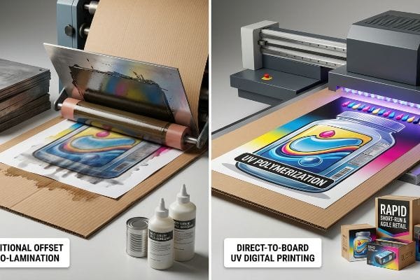 Comparing Traditional Offset Litho-Lamination with wet ink to Direct-to-Board UV Digital Printing, highlighting UV Polymerization for rapid short-run retail.