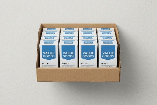 Multiple white and blue Value Goods Retail product boxes are neatly arranged in a brown cardboard PDQ shelf display tray.