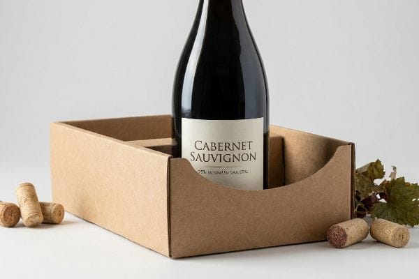 Brown corrugated cardboard display tray with a lowered lip showcasing a Cabernet Sauvignon wine bottle's 75% Minimum Varietal label, surrounded by corks.