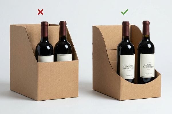 Brown corrugated cardboard wine bottle display trays, showcasing a flawed design with a high retaining lip obscuring blank labels, contrasted with a compliant custom die-cut swoop revealing 'Cabernet Sauvignon' varietal labels and '750ml' volume.