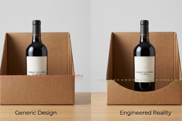 Visibilidad de la etiqueta del vino Bandejas para exhibición de vino: el borde alto genérico oculta la etiqueta Cabernet Sauvignon 75% Varietal; el diseño troquelado especial garantiza una visibilidad total.