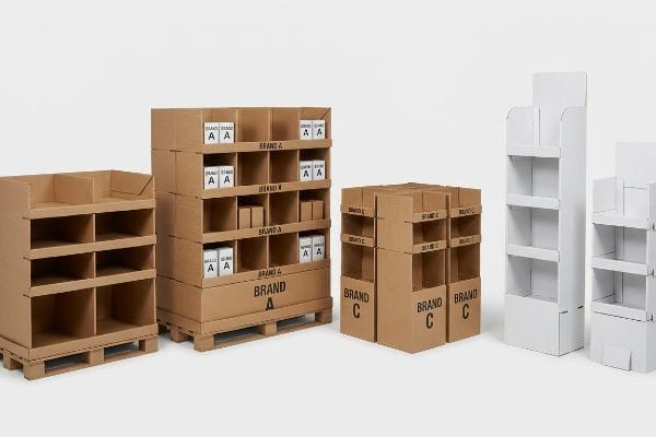 Verkaufsdisplays aus Wellpappe, darunter Paletteneinheiten der Marke A mit Aa-Kartons, Viertelpaletten der Marke C und weiße Endkappen-Beilagen.